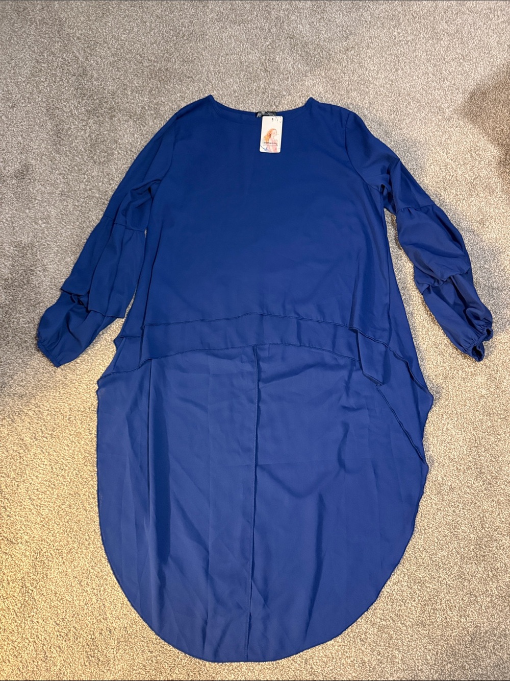 Elegant Cobalt Blue High-Low Tunic with Gathered Sleeves
